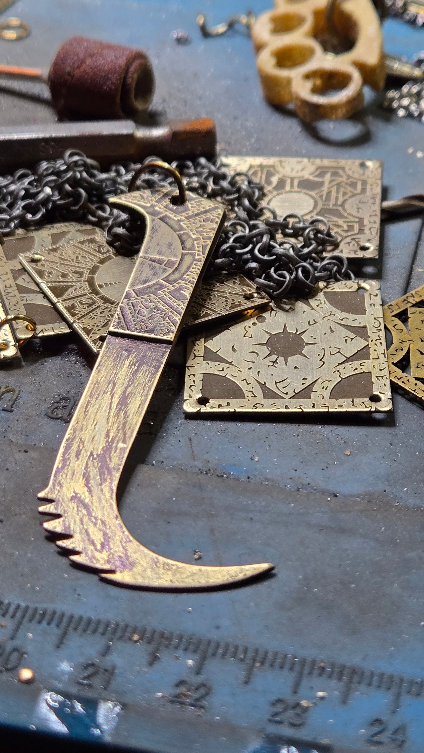 Aged Brass Pinhead Blade Pendant – Double-Sided