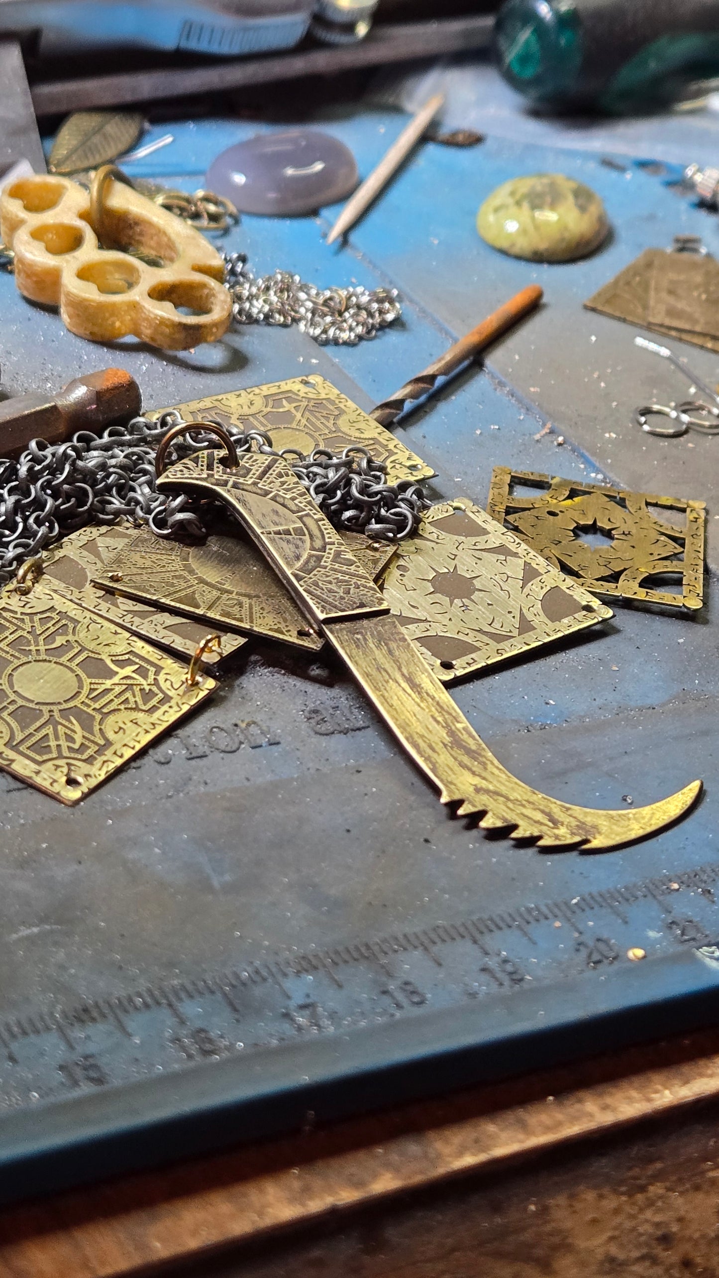 Aged Brass Pinhead Blade Pendant – Double-Sided