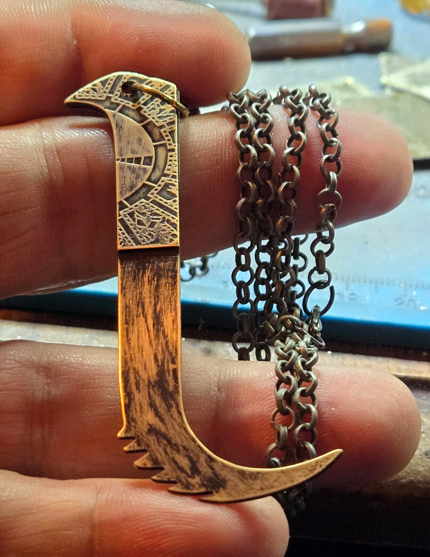 Aged Brass Pinhead Blade Pendant – Double-Sided