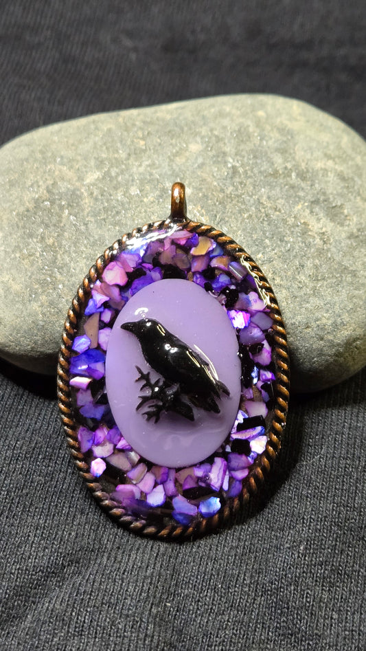 Oval Raven Cameo with Purple Iridescent Shell