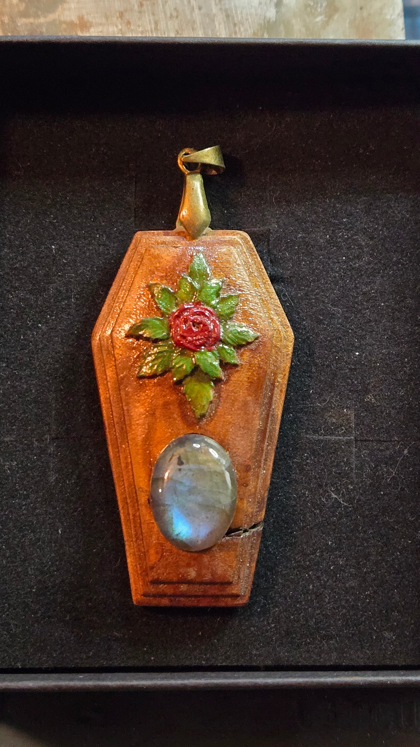 Handcrafted Coffin-Shaped Burl Wood Pendant with Rose & Labradorite