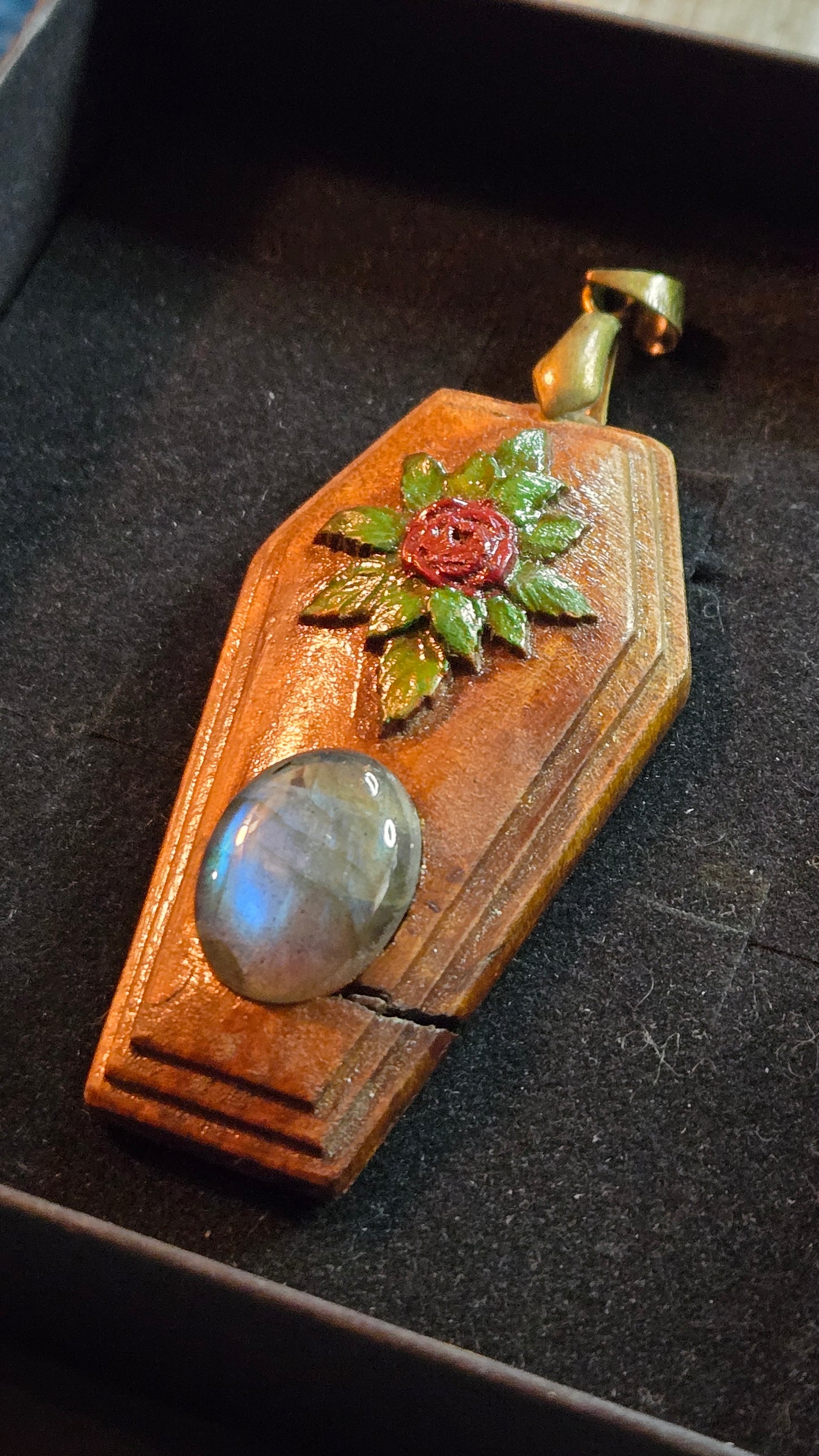 Handcrafted Coffin-Shaped Burl Wood Pendant with Rose & Labradorite