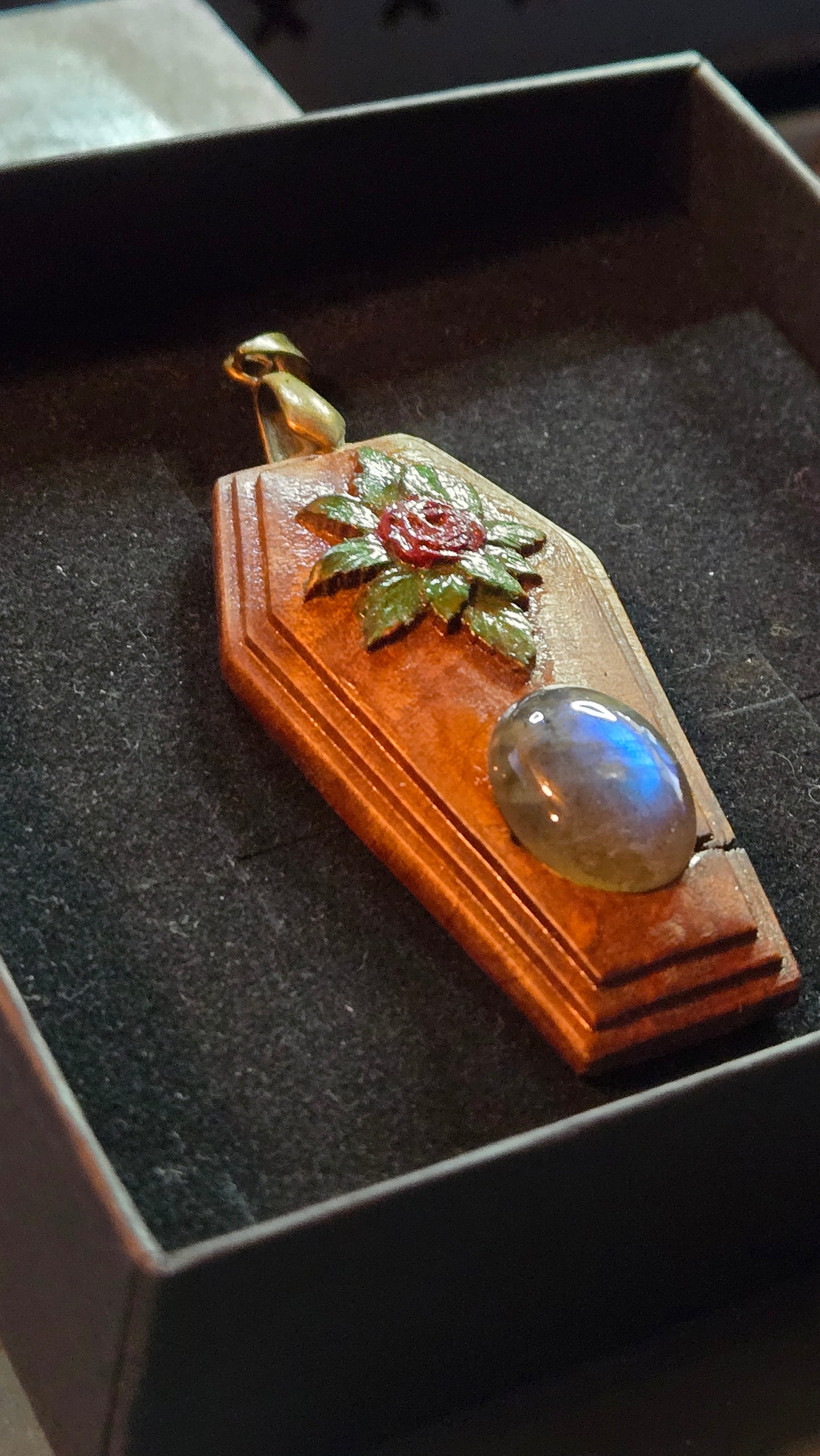 Handcrafted Coffin-Shaped Burl Wood Pendant with Rose & Labradorite