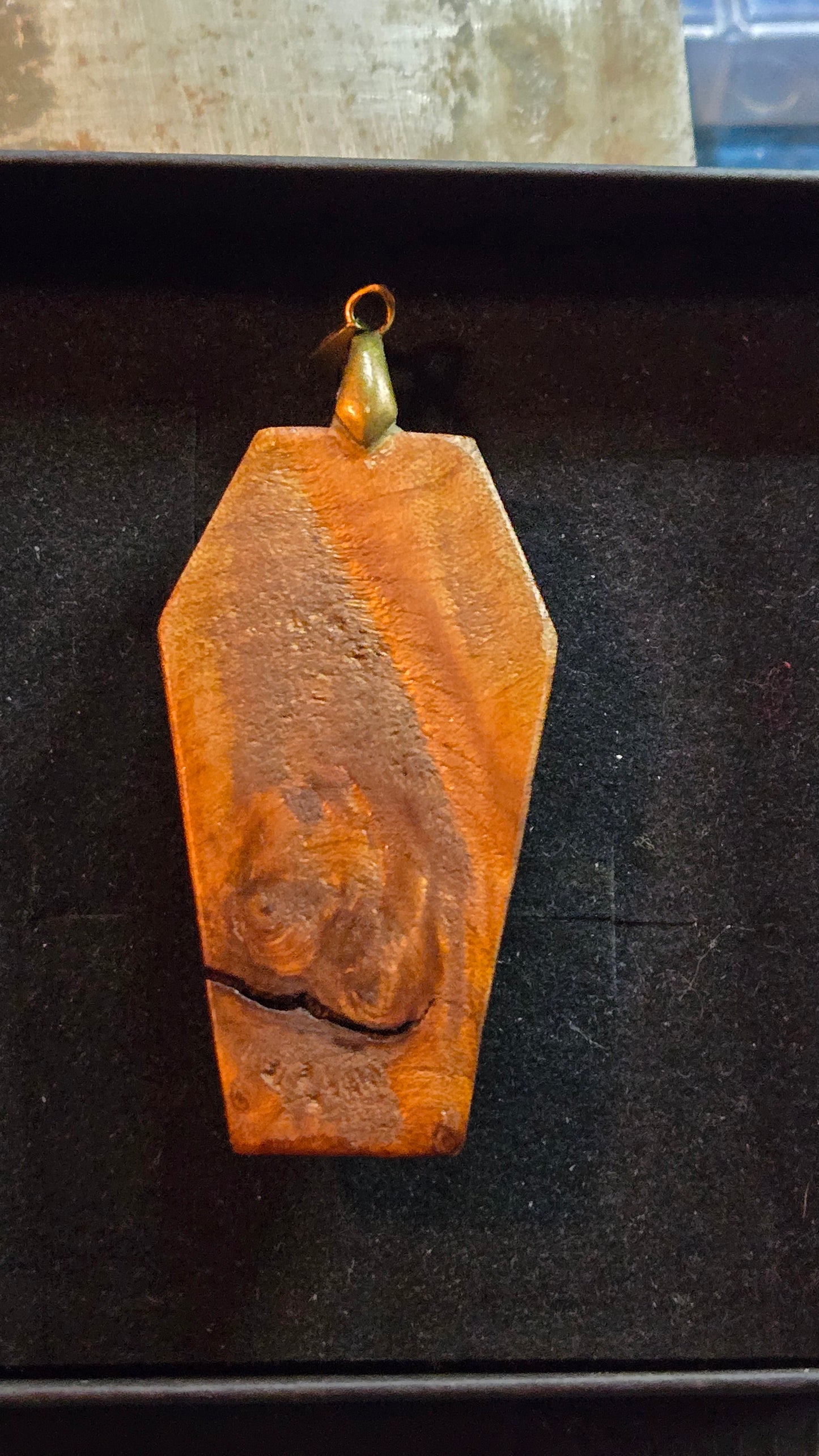 Handcrafted Coffin-Shaped Burl Wood Pendant with Rose & Labradorite