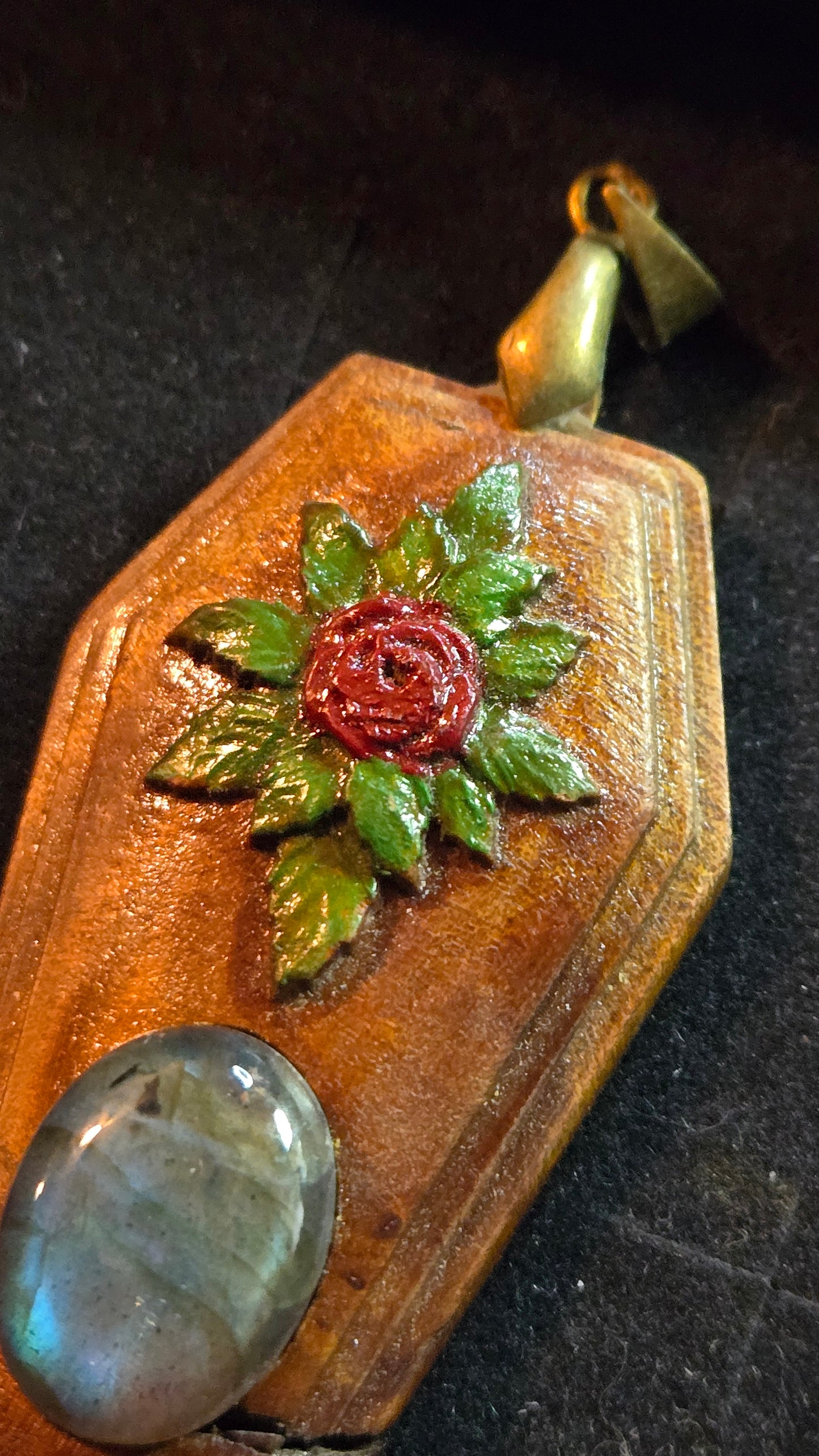 Handcrafted Coffin-Shaped Burl Wood Pendant with Rose & Labradorite