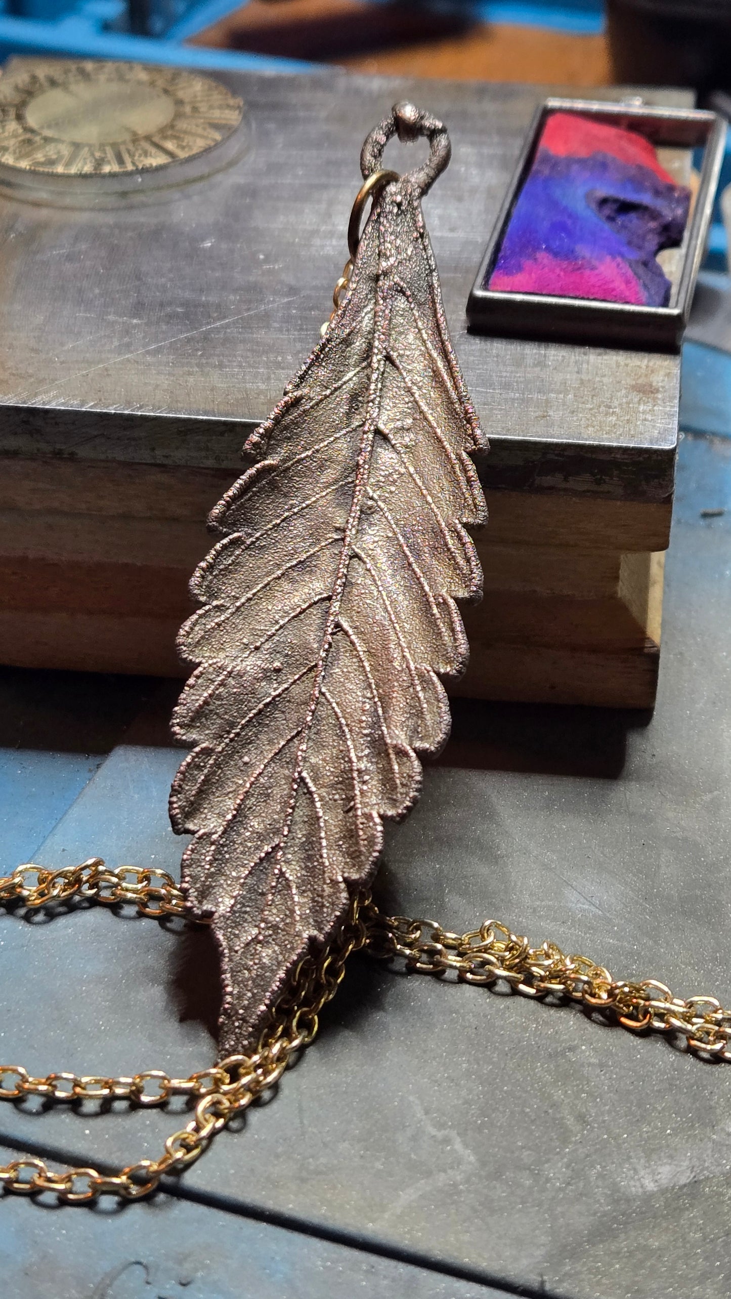 Electroplated Real Leaf Pendant – Aged Brass & Silver Finish