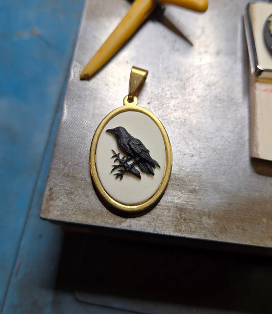 Gold-Plated Raven Cameo Pendant