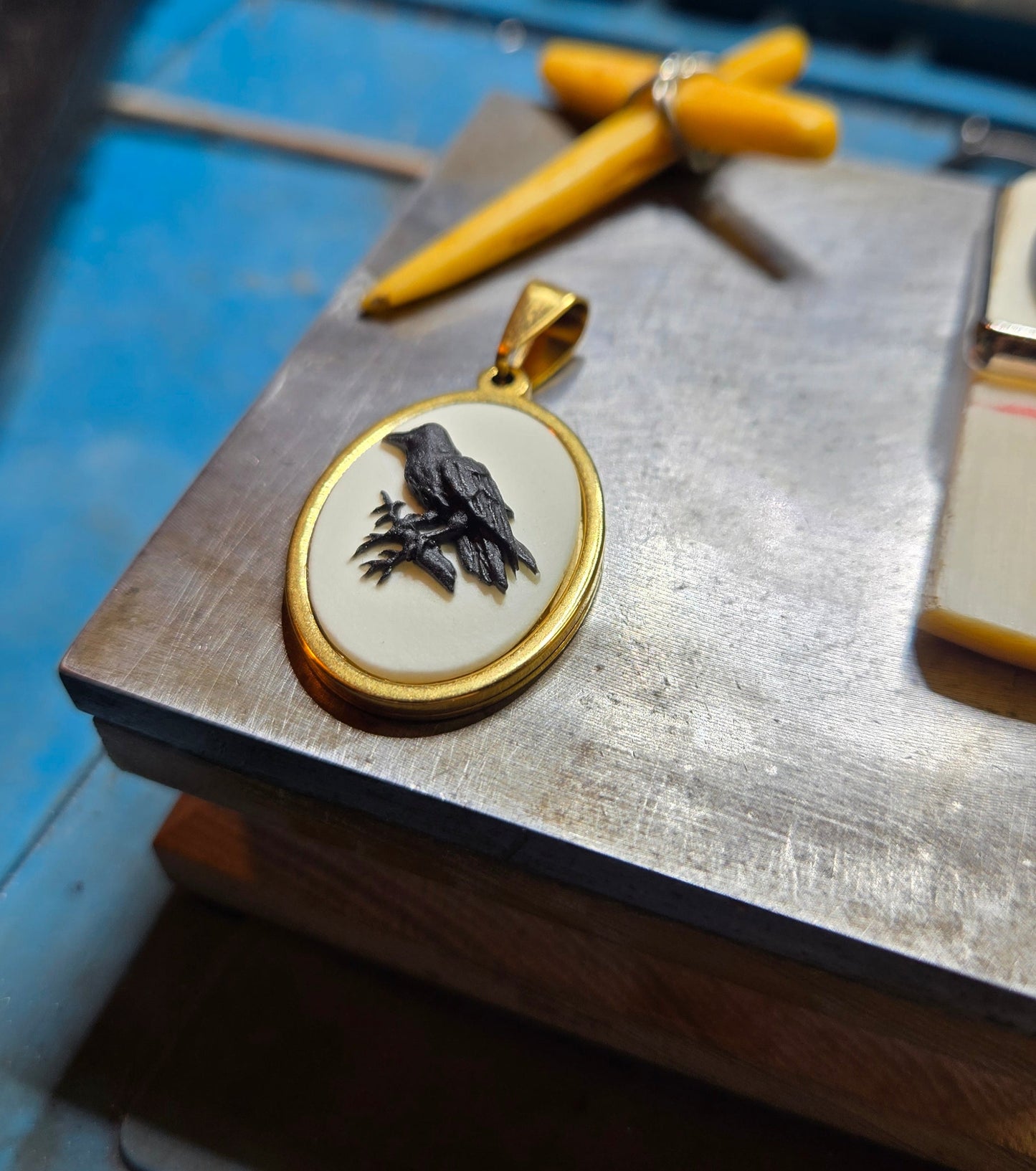 Gold-Plated Raven Cameo Pendant