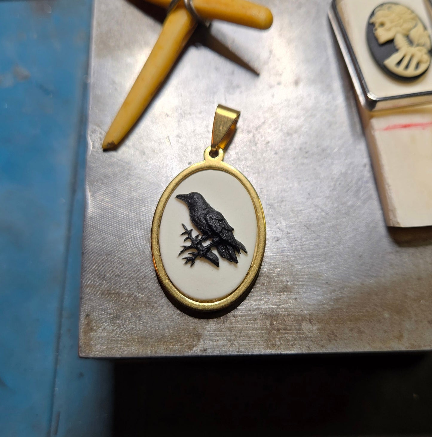 Gold-Plated Raven Cameo Pendant